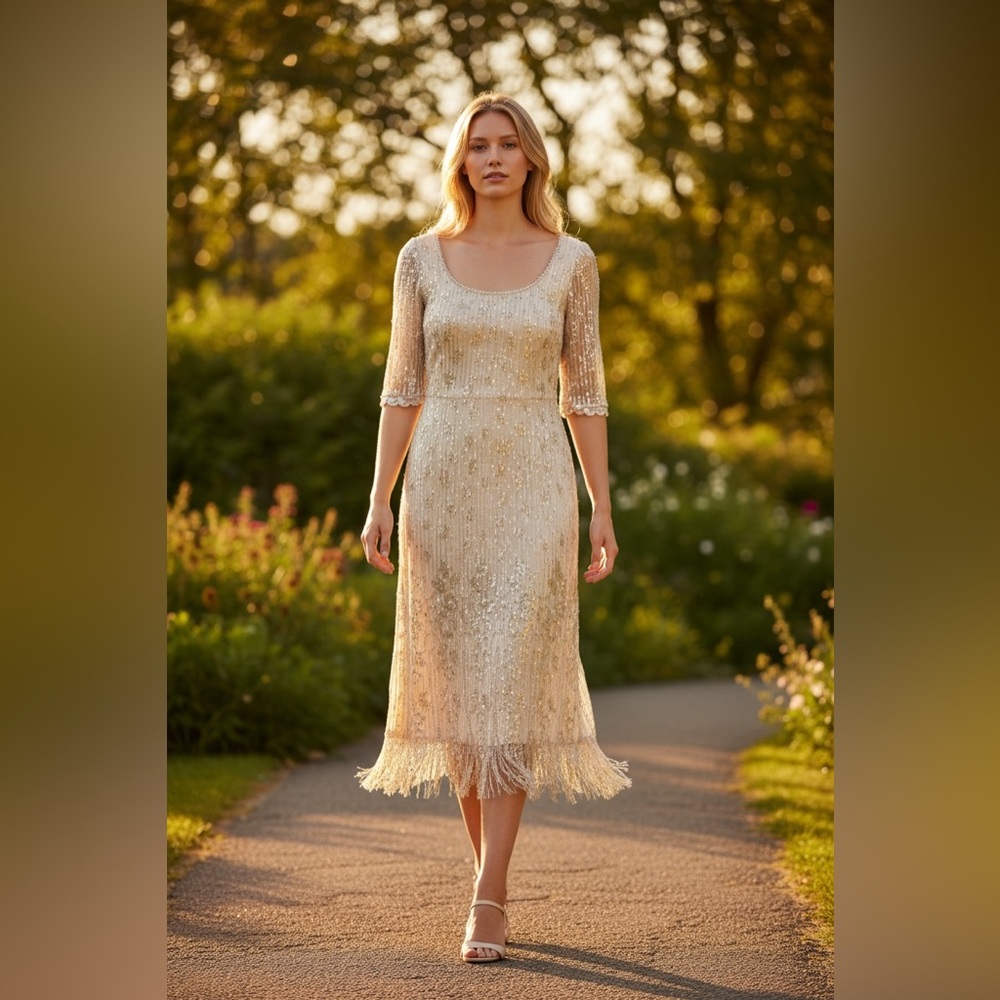 Badgley Mischka Vintage New Heavily Beaded Embellished Fringe Dress Size 8